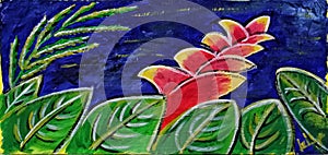 By be, tropical garden flower in acrilic paint craftwoman