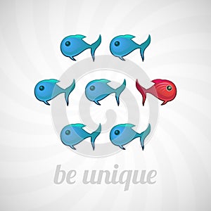 Be unique concept, blue red fish, isolated