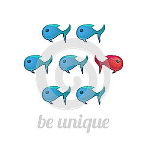 Be unique concept, blue and red fish, isolated