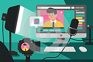 A desktop computer displays a streaming interface with a man's image.