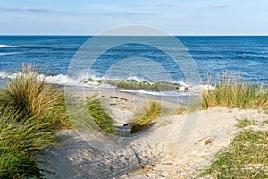 Beach access through marsh grass and sand dunes to a secluded sandy beach photo