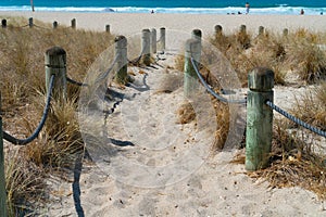 Beach access between rope and bollards across sand path