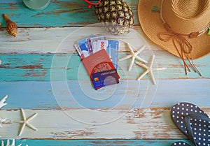 Beach accessories on blue plank