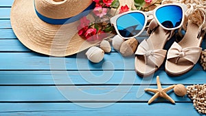 Beach Accessories On Blue wooden background top view