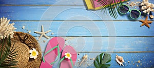 Beach Accessories On Blue Wooden Plank