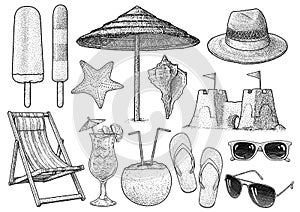 Beach accessories collection illustration, drawing, engraving, ink, line art, vector