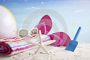 Beach accessories. Concept of summer vacations