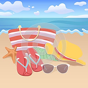 Beach accessories, flat illustration, element summer vacation design. Beach bag, brimmed hat, flip flops, towel, sunglasses on