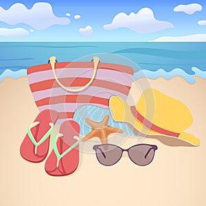 Beach accessories, flat illustration, element summer vacation design. Beach bag, brimmed hat, flip flops, towel, sunglasses on san