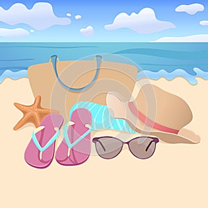 Beach accessories, flat illustration, element summer vacation design. Beach bag, brimmed hat, flip flops, towel, sunglasses on san