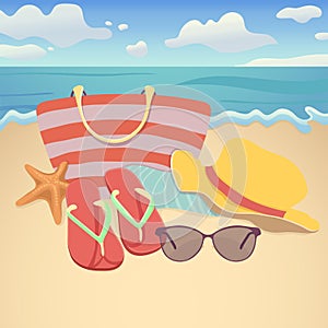 Beach accessories, flat illustration, element summer vacation design. Beach bag, brimmed hat, flip flops, Vector illustration