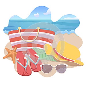 Beach accessories, flat illustration, summer vacation sticker design. Beach bag, brimmed hat, flip flops, towel