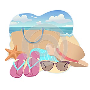 Beach accessories, flat illustration, summer vacation sticker design. Beach bag, brimmed hat, flip flops, towel, sunglasses on