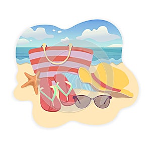 Beach accessories, flat illustration, summer vacation sticker design. Beach bag, brimmed hat, flip flops, towel, sunglasses on san