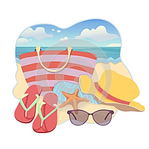 Beach accessories, flat illustration, summer vacation sticker design. Beach bag, brimmed hat, flip flops,, Vector illustration