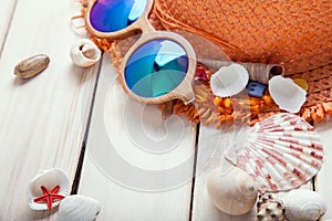 Beach accessories glasses hat cockleshells