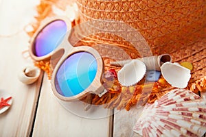 Beach accessories glasses hat cockleshells