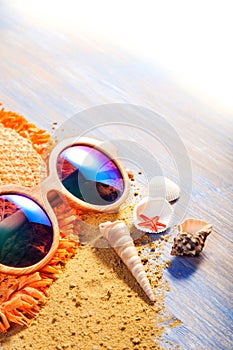 Beach accessories glasses hat cockleshells