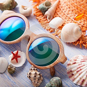 Beach accessories glasses hat cockleshells