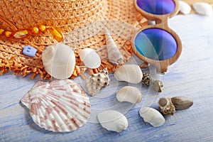 Beach accessories glasses hat cockleshells