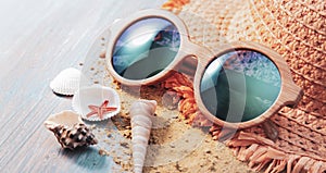 Beach accessories glasses hat cockleshells