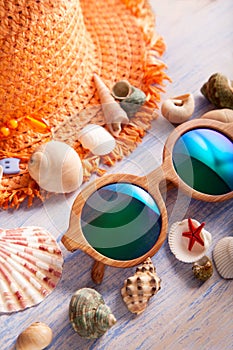 Beach accessories glasses hat cockleshells