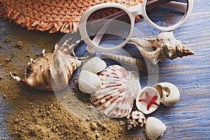 Beach accessories glasses hat cockleshells on wood deck sand