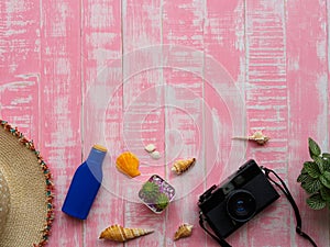 Beach accessories including sunscreen, hat beach, shell and retro camera on bright pink pastel wooden background for summer