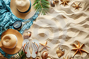 Beach accessories stylishly arranged on sand, featuring hats, sunglasses, and starfish, ideal for summer and vacation