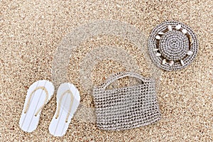 Beach accessories summer flip-flops, hat, bag. Concept of beach holiday