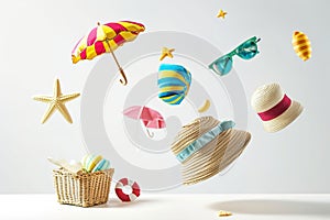 Beach accessories and toys scattered on a white background