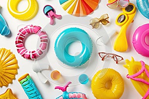 Beach accessories and toys scattered on a white background