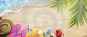 Beach Accessories On Tropical Sand And Seashore