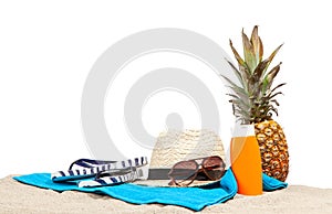 Beach accessories on white background