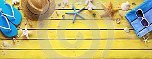 Beach Accessories On Yellow Wooden Plank - Summer Colors