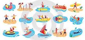 Beach activities. Active man and woman surfing, windsurfing, swimming, scuba diving. Summer vacation outdoor water sport