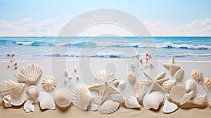 Beach adorned with delicate seashell treasures, nature\'s jewels.AI Generated