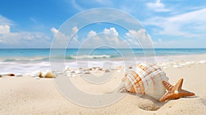 Beach adorned with delicate seashell treasures, nature\'s jewels.AI Generated