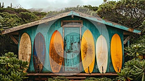 beach aesthetic, old surfboards propped against a rustic beach shack, creating a nostalgic summer atmosphere photo