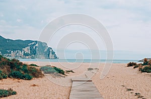 Beach against the backdrop of mountains photo