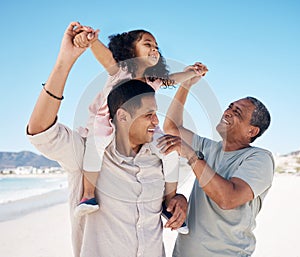 Beach, airplane and girl child with parent, grandpa and holding hands with freedom. Flying, love and happy family at sea