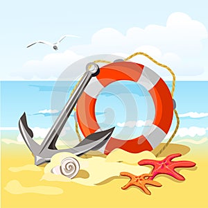 Beach, anchor, lifebuoy and starfish