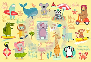 Beach Animals hand drawn style, Summer set - calligraphy and other elements.