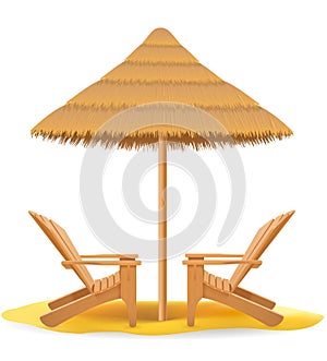 Beach armchair lounger deckchair wooden and umbrella made of straw and reed vector illustration