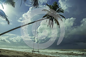 The beach of Axim city overlooking the sea and the castle.The beach in Axim with a hanging swing in a palm.