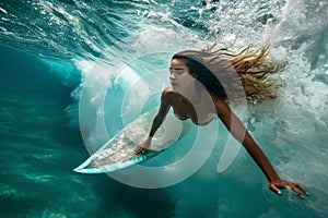 Beach Babe Gracefully Dives Under Waves With A Surfboard In Hand Standard