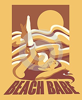 Beach babe. Vector hand drawn illustration of lying girl in swimsuit and knee socks.