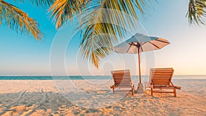 Beach background. Beautiful beach landscape. Tropical nature scene. Palm trees and blue sky. Summer holiday and vacation concept. photo