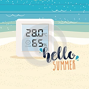 Beach background with a celsius digital weather thermometer