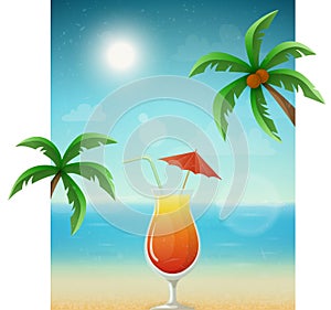 Beach background with cocktail and palms